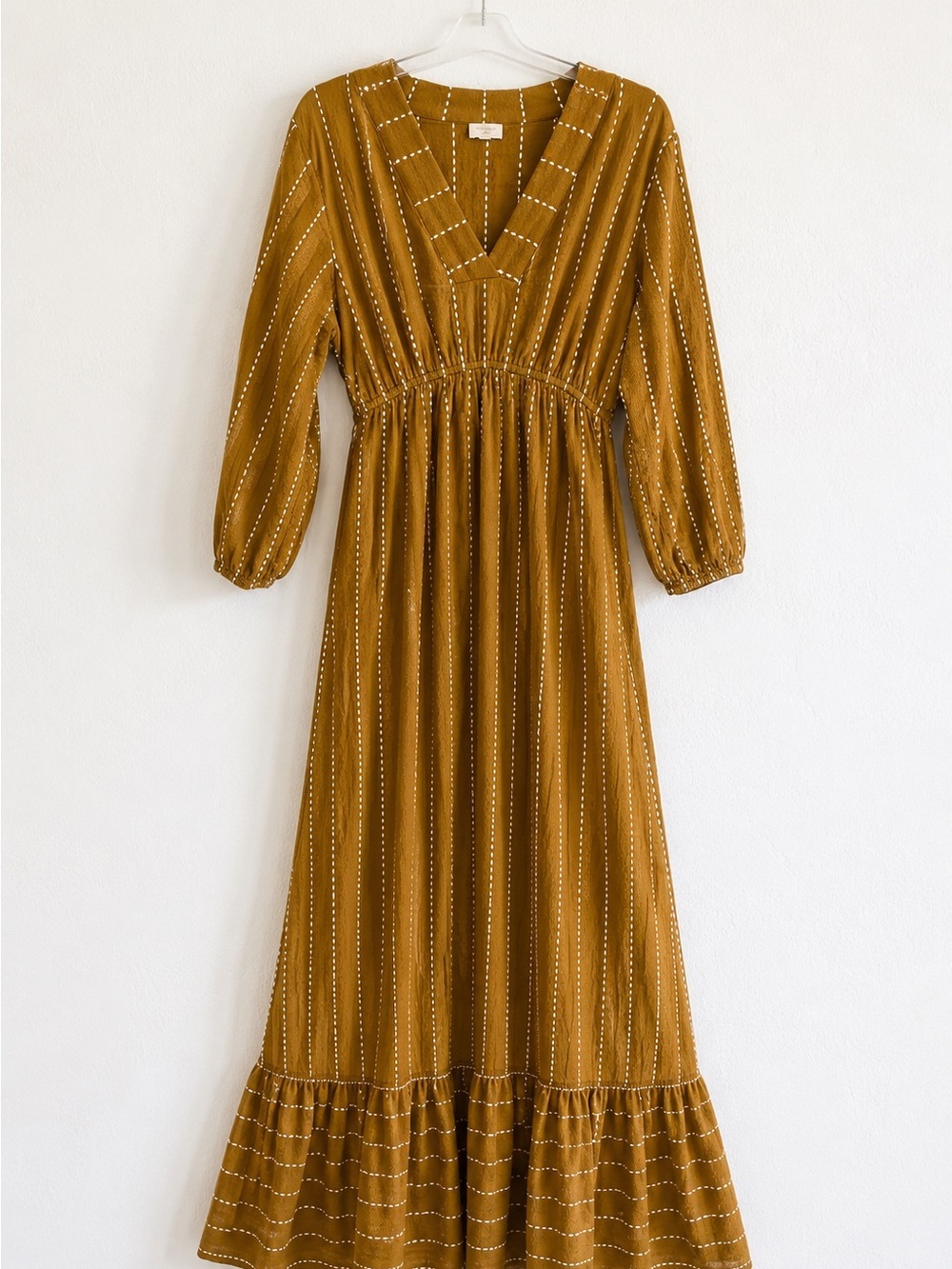 World Market Mira Tobacco Stripe Boho Kaftan Maxi Dress Pockets Sz S/M - Picture 2 of 8